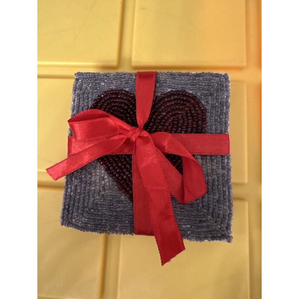 Lot of 4 Coasters Beaded Heart Red Gray Cute Valentine's Square Girly